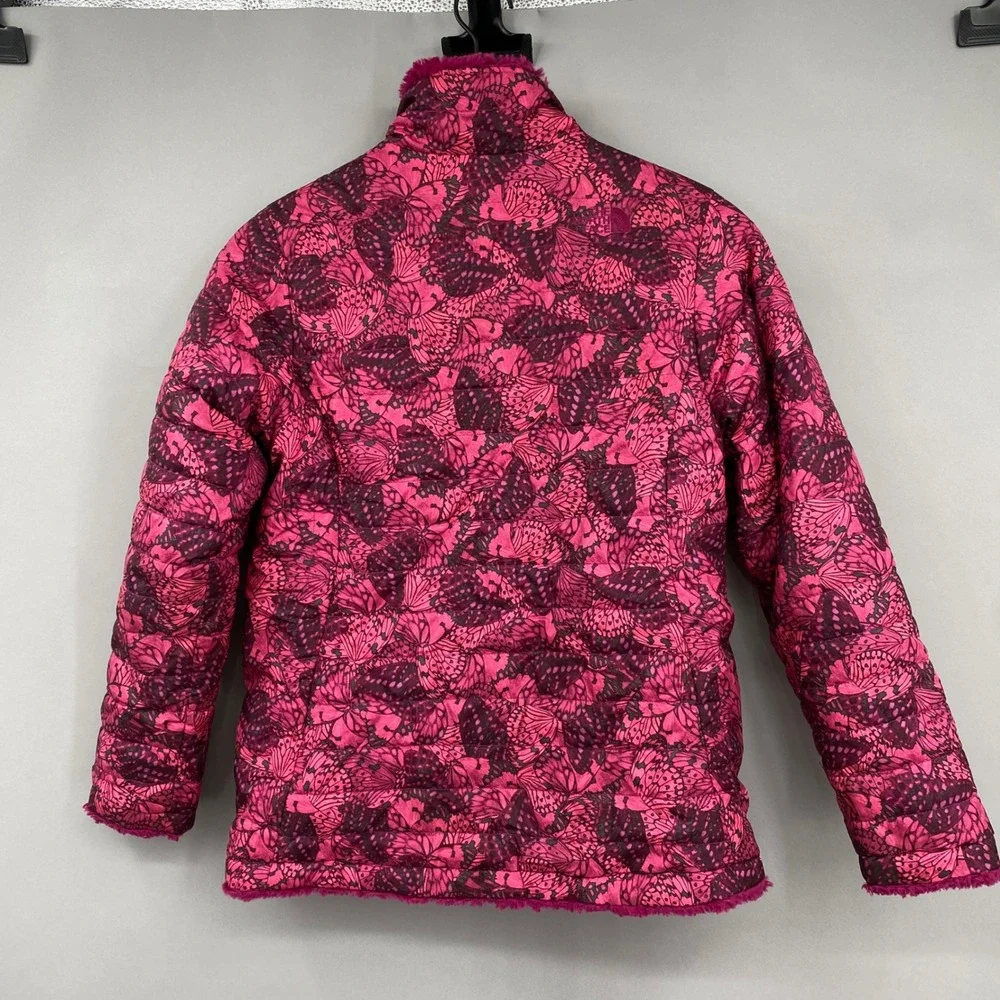 The North Face Reversible Mossbud Swirl Jacket Girls XL 18 Pink Butterfly Fleece